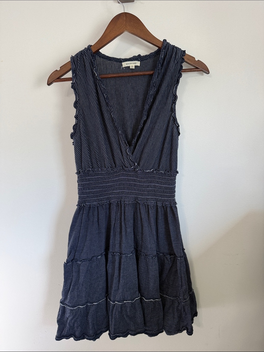Max Studio Navy Striped Smocked-Waist Mini Dress